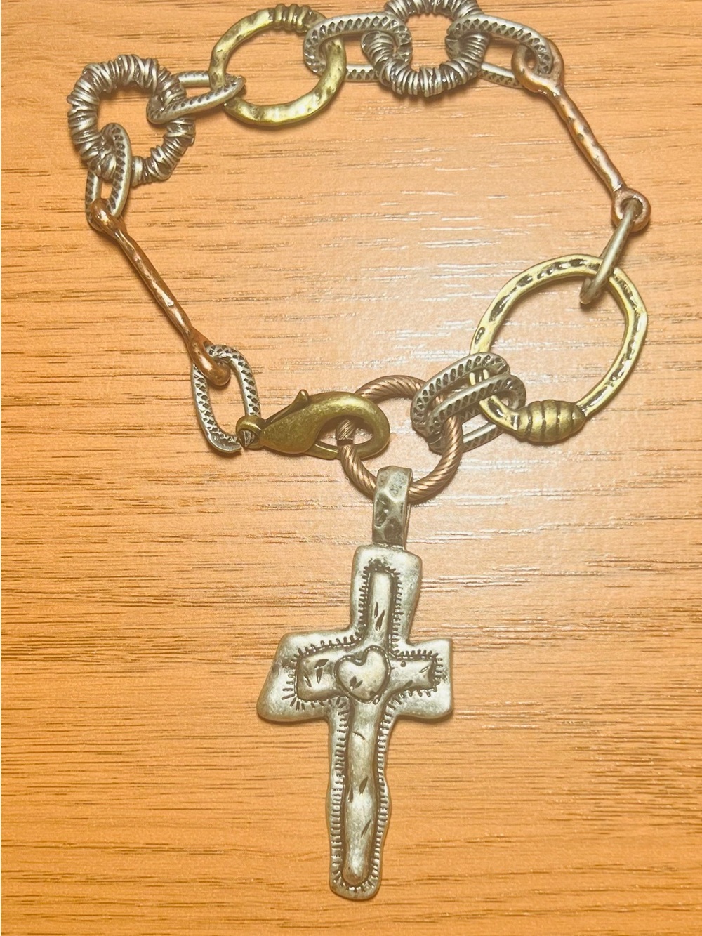 Mixed Metal Cross Pendant Chain Necklace - Antiqued Silver & Brass